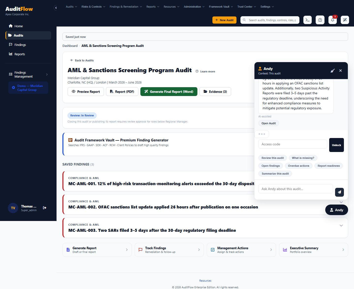 Andy, the AuditFlow AI assistant, showing an AI-assisted summary reply with a visible 'AI-assisted' tag beneath it