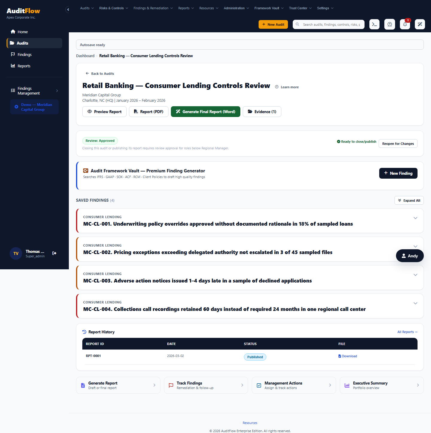 Published audit workspace with report history