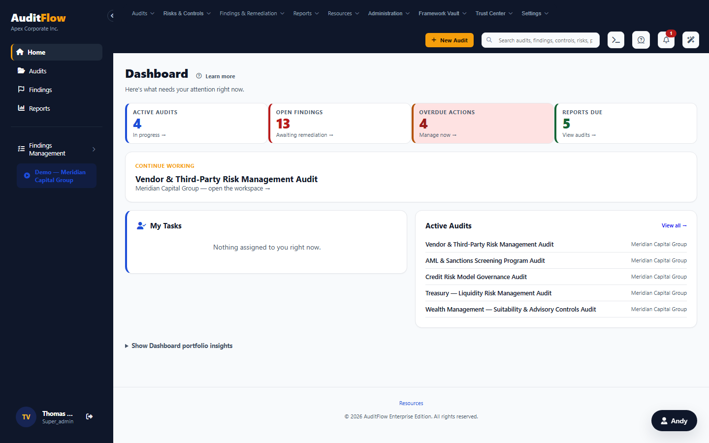 AuditFlow home dashboard for Meridian Capital Group