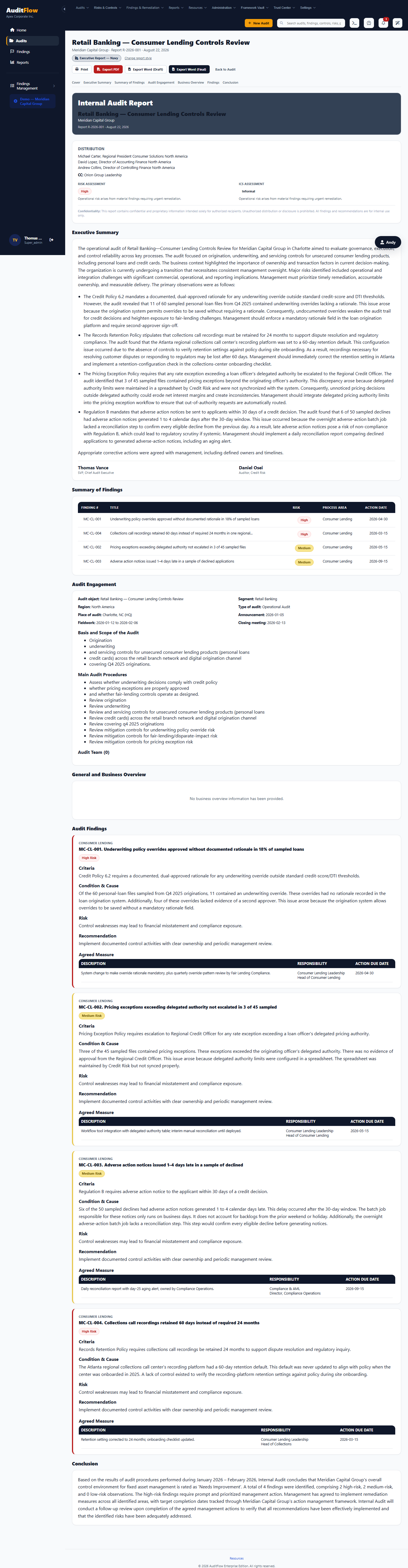 The native in-browser AuditFlow report view — cover and title block, distribution list, risk assessment, and the opening of the Executive Summary